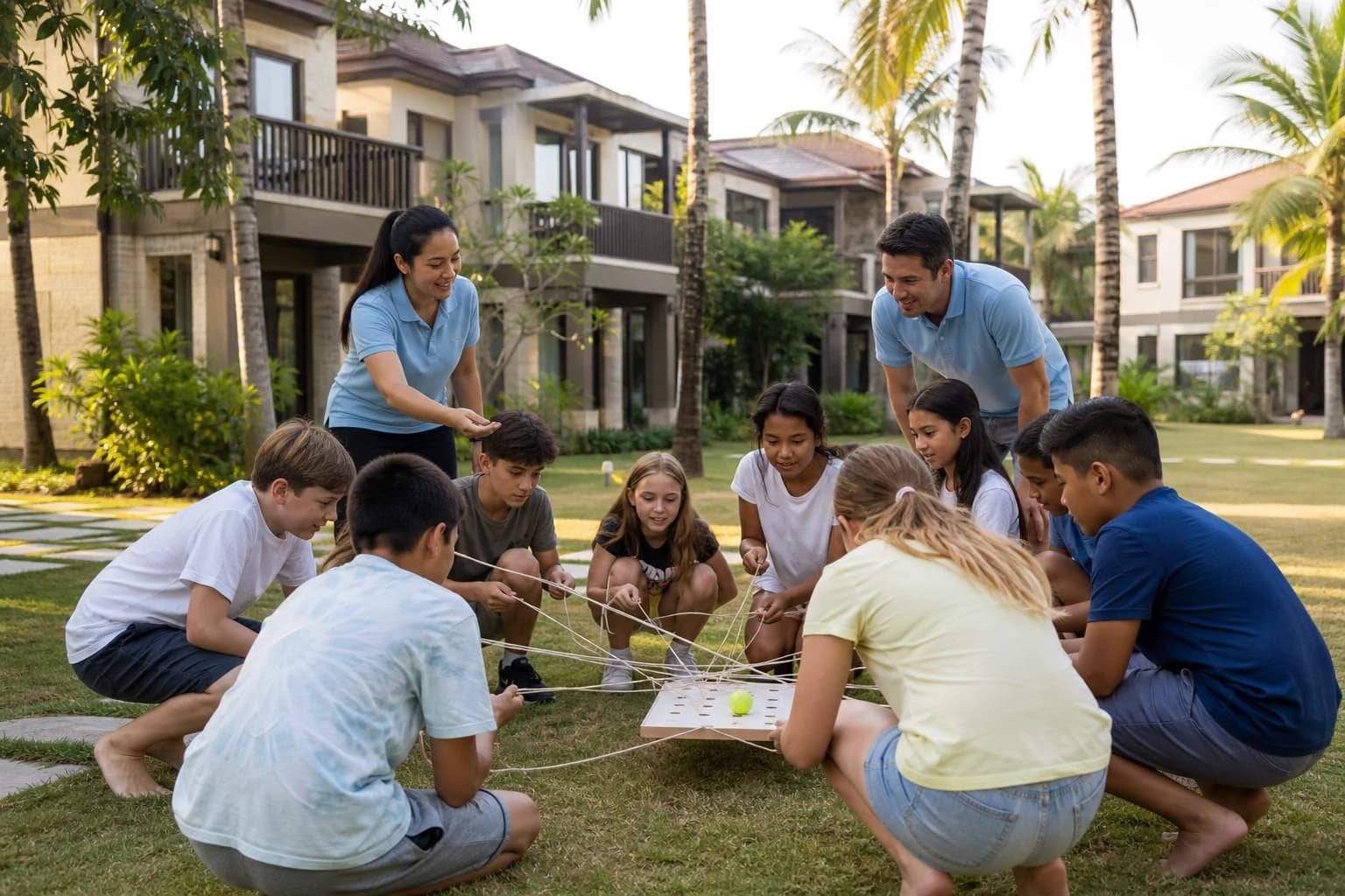 Illustrative photo: a team activity in the camp villa grounds