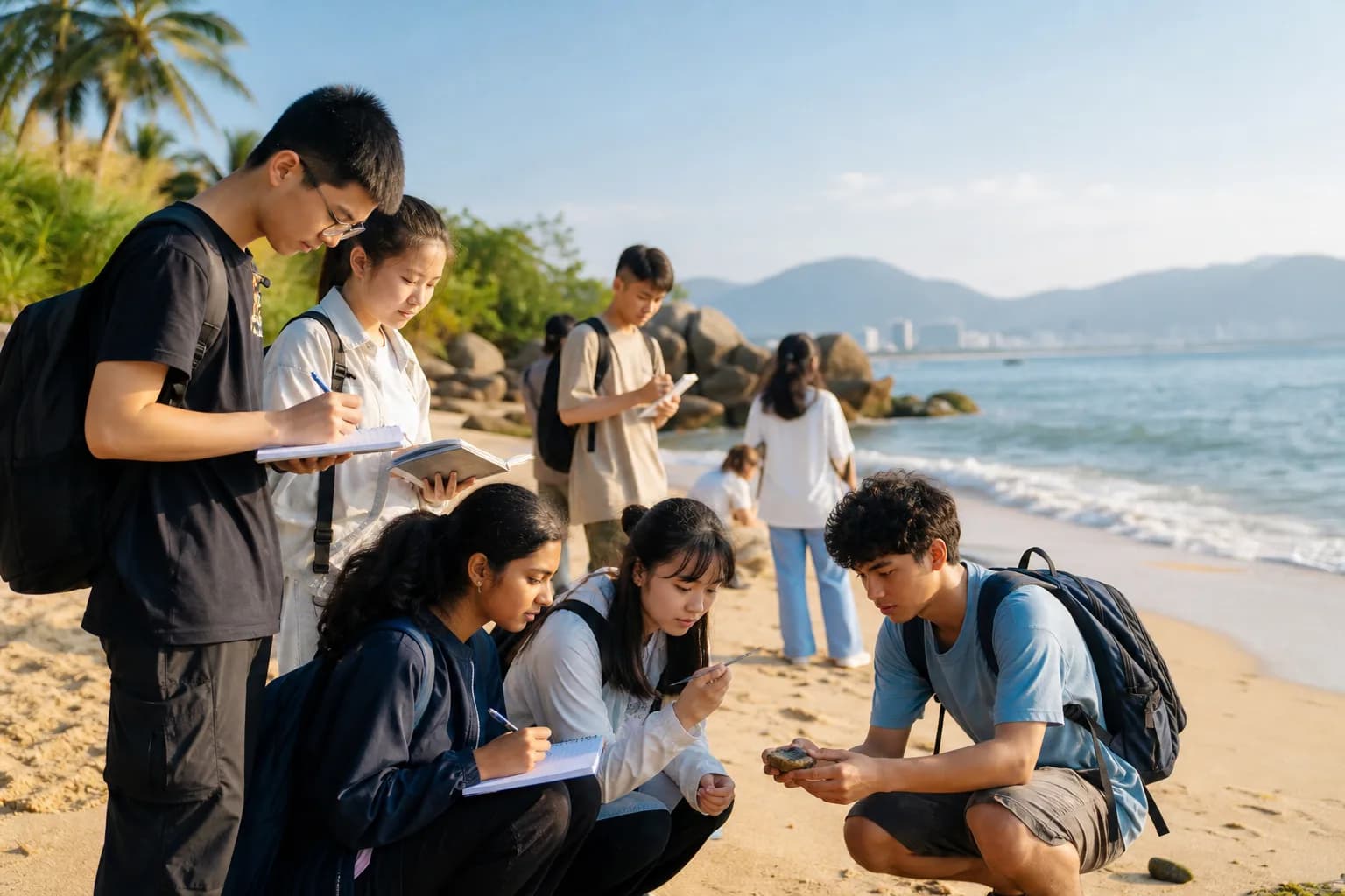 Illustrative photo: camp participants studying on a Hainan beach