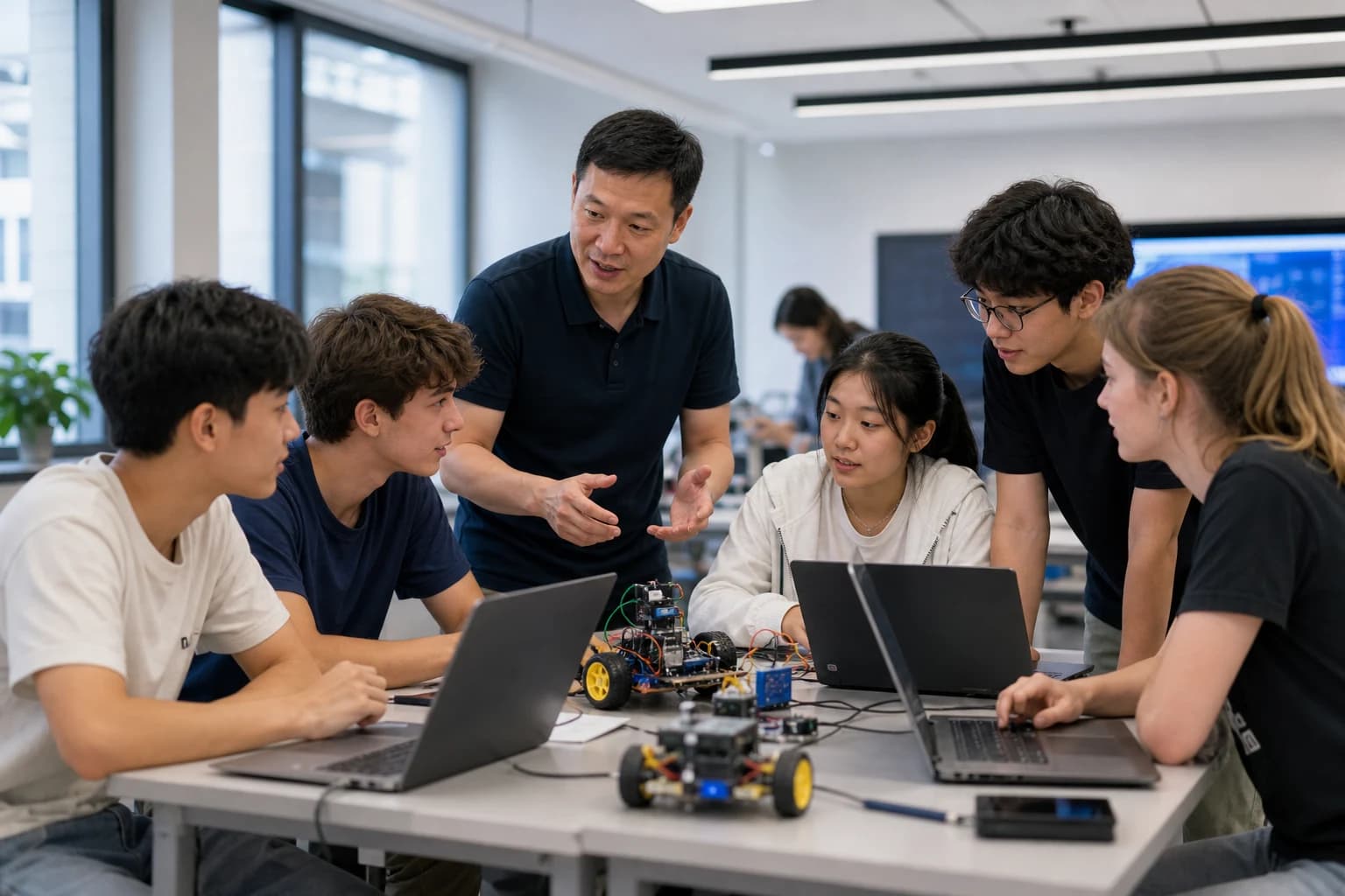 Illustrative photo: school students at an AI and robotics workshop