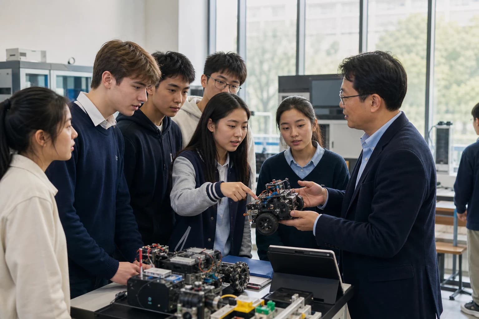 Illustrative photo: a school team presenting an engineering prototype