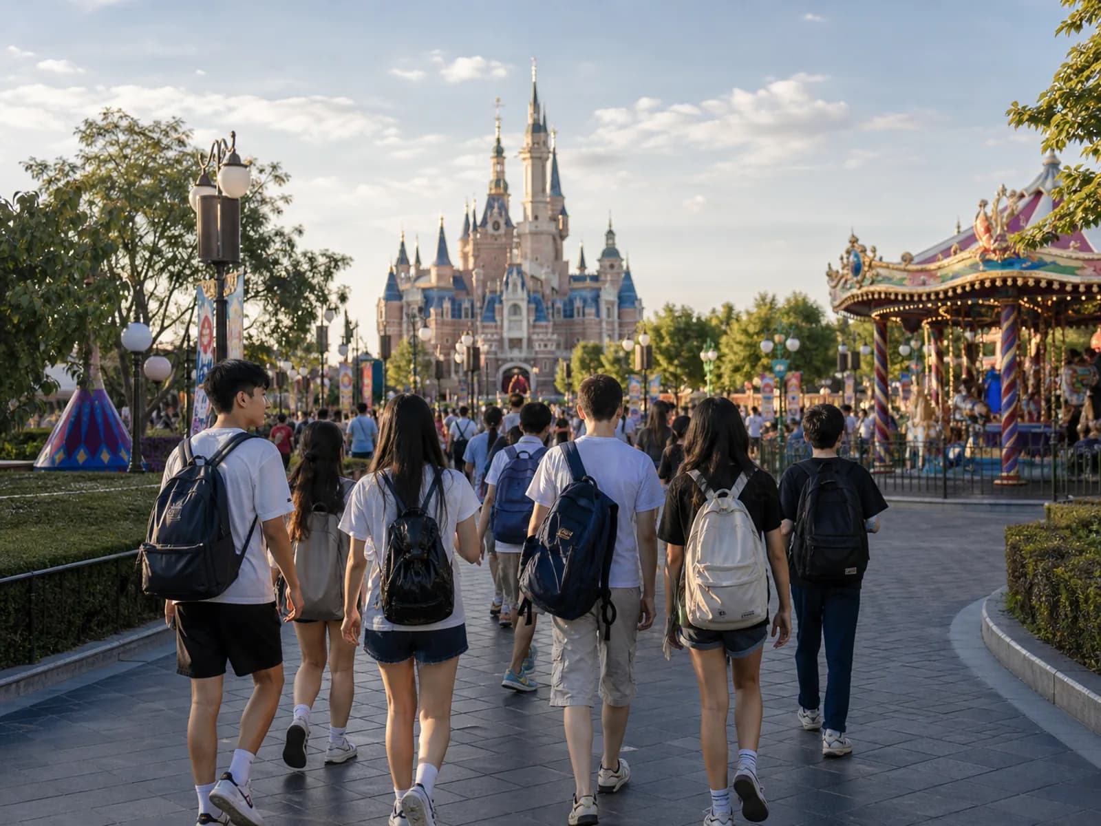 Illustrative photo: a school group at a Shanghai theme park